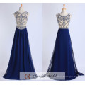 Custom Made Luxury Evening Gown Navy Blue Beading Pattern Chiffon Long Prom Dress 2017